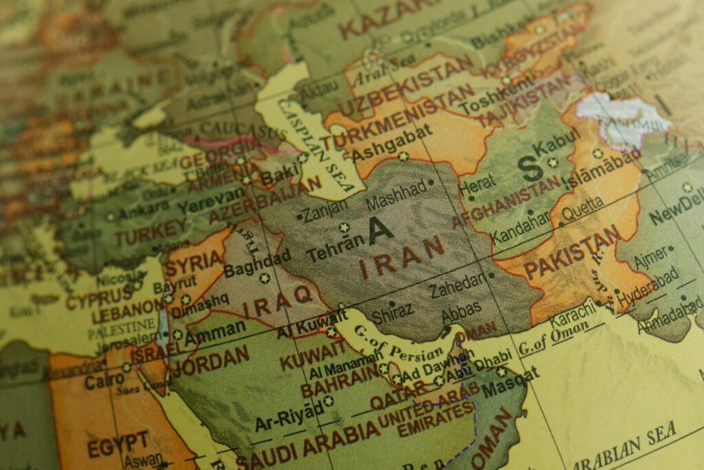 Close-up view of Middle East map highlighting countries and borders.